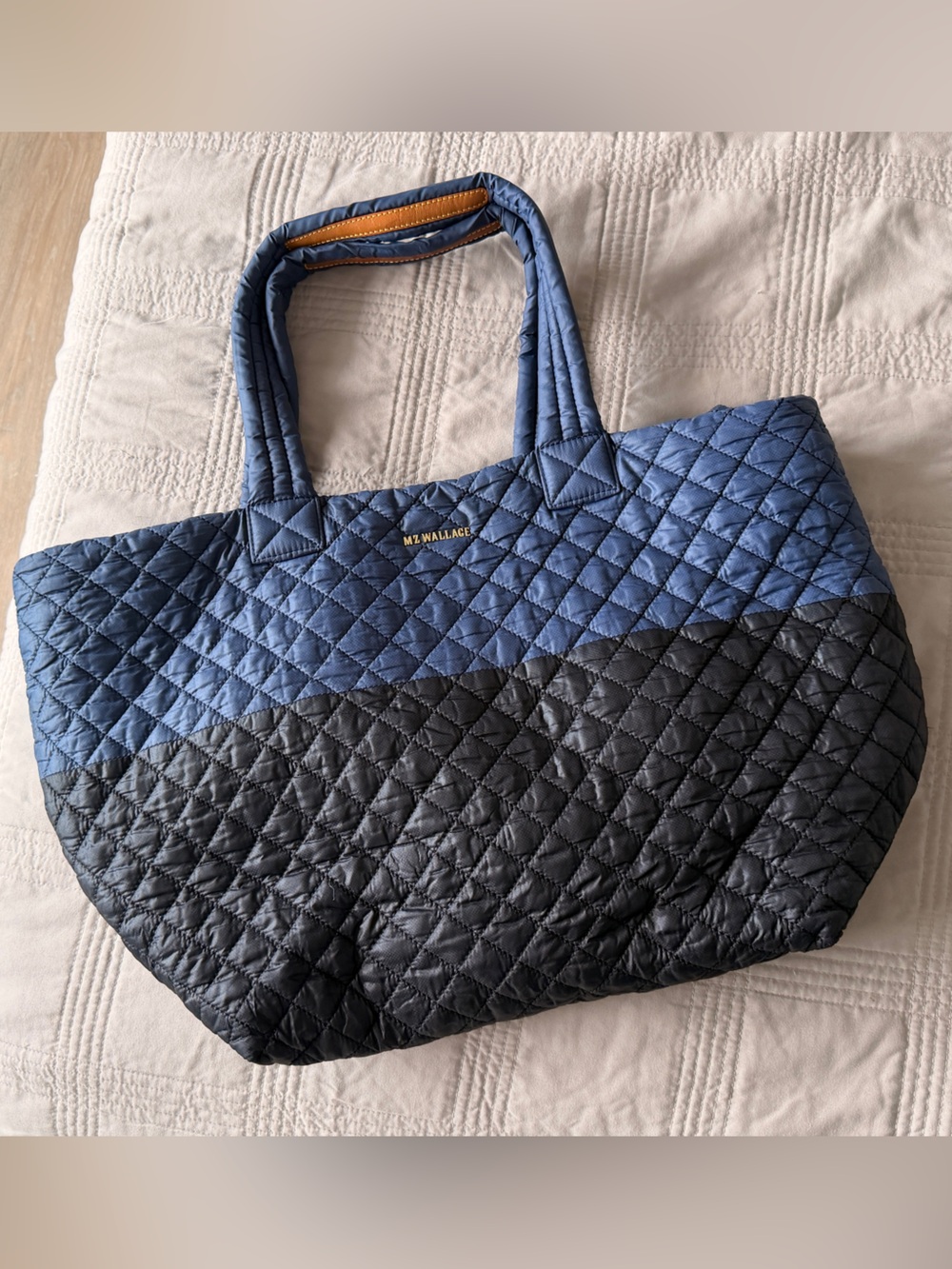 MZ Wallace Large Metro Tote Deluxe Navy Black Quilted Travel Bag $295
